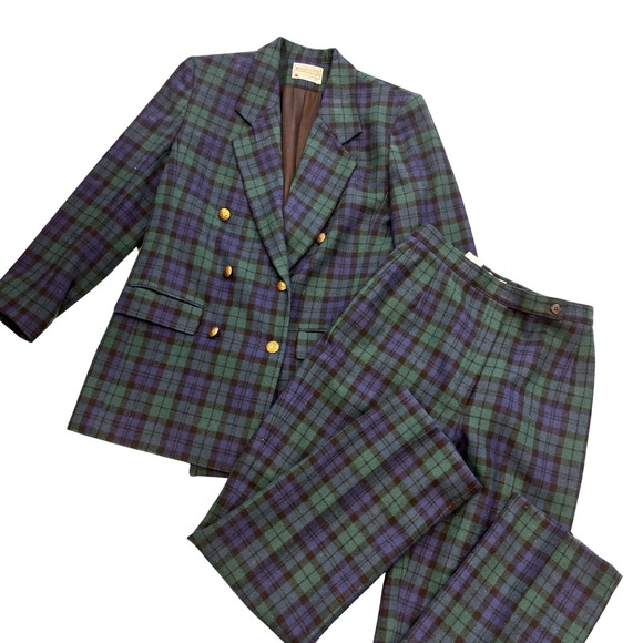 Pendleton Pants - Vintage USA Pendleton Petite Black Watch Tartan Wool Blazer Pants Suit Set 26"